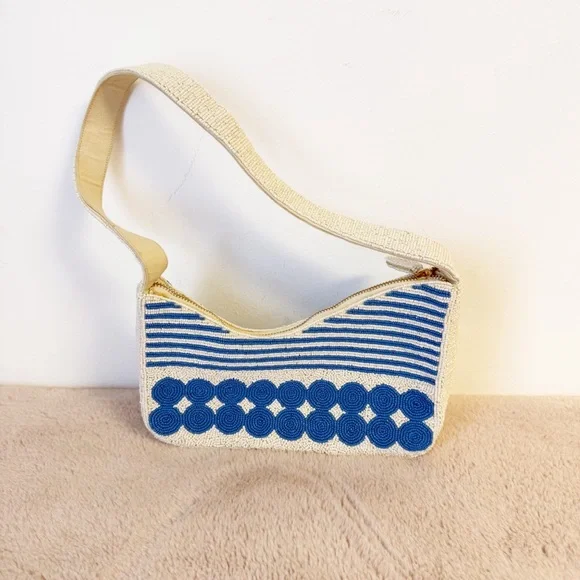 ANTHROPOLOGIE Asymmetric Beaded Shoulder Bag Blue & White Polka Dot - Picture 5 of 7